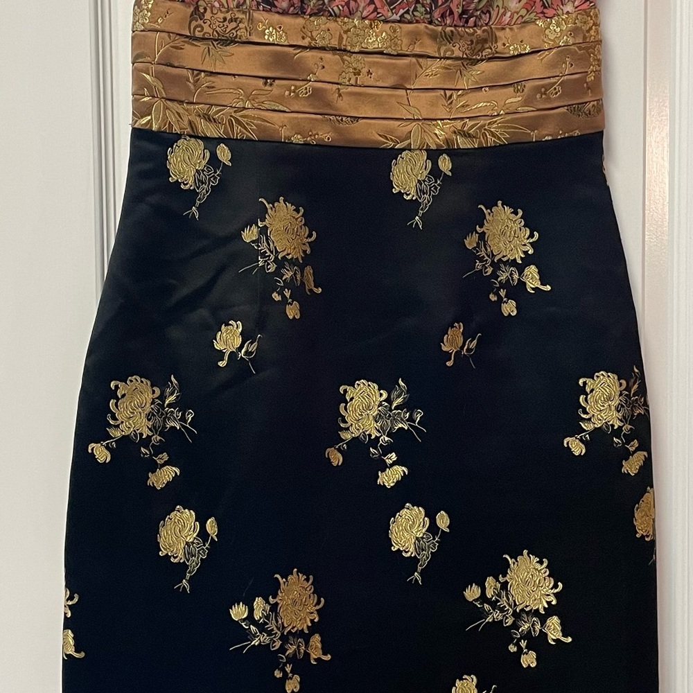 Phoebe Couture Black and Gold Floral Midi Cocktail Dress